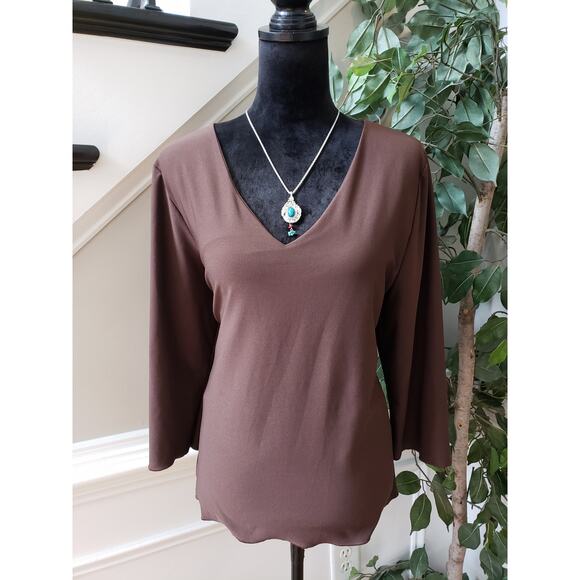Spanx by Sara Blakely Top Blouse Womens XL Brown Stretch Deep V Neck Pullover - Picture 1 of 10